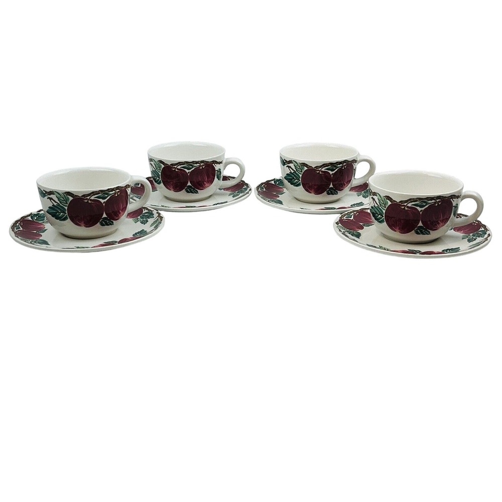 Nancy Calhoun Bella Roma 4 Cup & Saucer Set Lot Apples Cafe Classico Vintage
